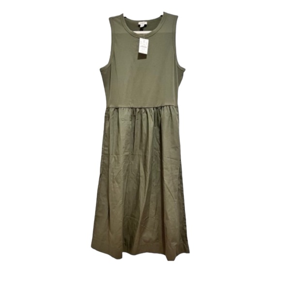 J Crew Olive Green Sleeveless Mixed Knit Midi Womens Size M Pockets Cotton - Picture 3 of 10